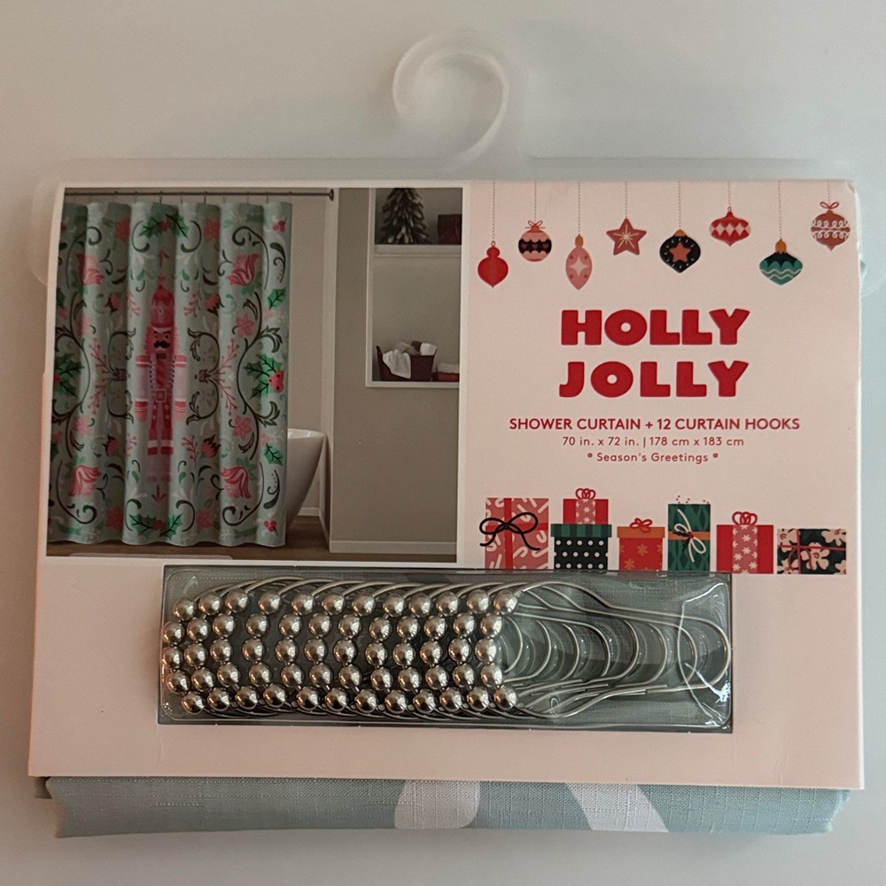 Nutcracker nwt Festive Shower Curtain Set with Silver Hooks